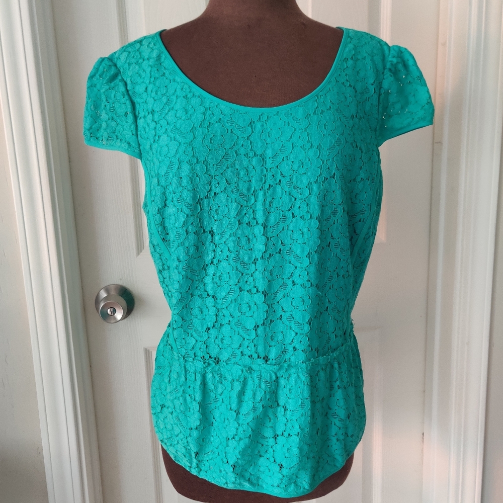 Ann Taylor Women's Peplum Hem Top Jade Green Lace Scoop Neck Cap Sleeve 14